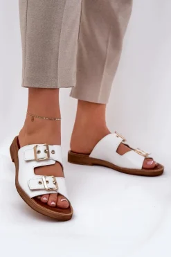 Best Zazoo Skórzane Płaskie Klapki Z Klamrami 3020 Białe Biały