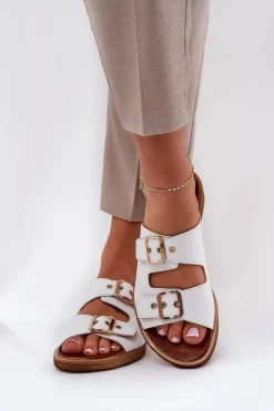 Best Zazoo Skórzane Płaskie Klapki Z Klamrami 3020 Białe Biały