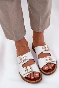 Best Zazoo Skórzane Płaskie Klapki Z Klamrami 3020 Białe Biały