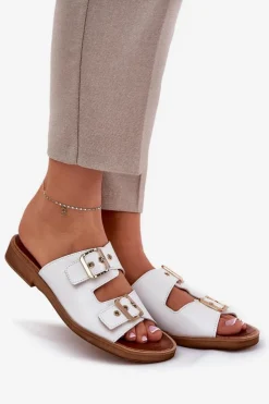 Best Zazoo Skórzane Płaskie Klapki Z Klamrami 3020 Białe Biały