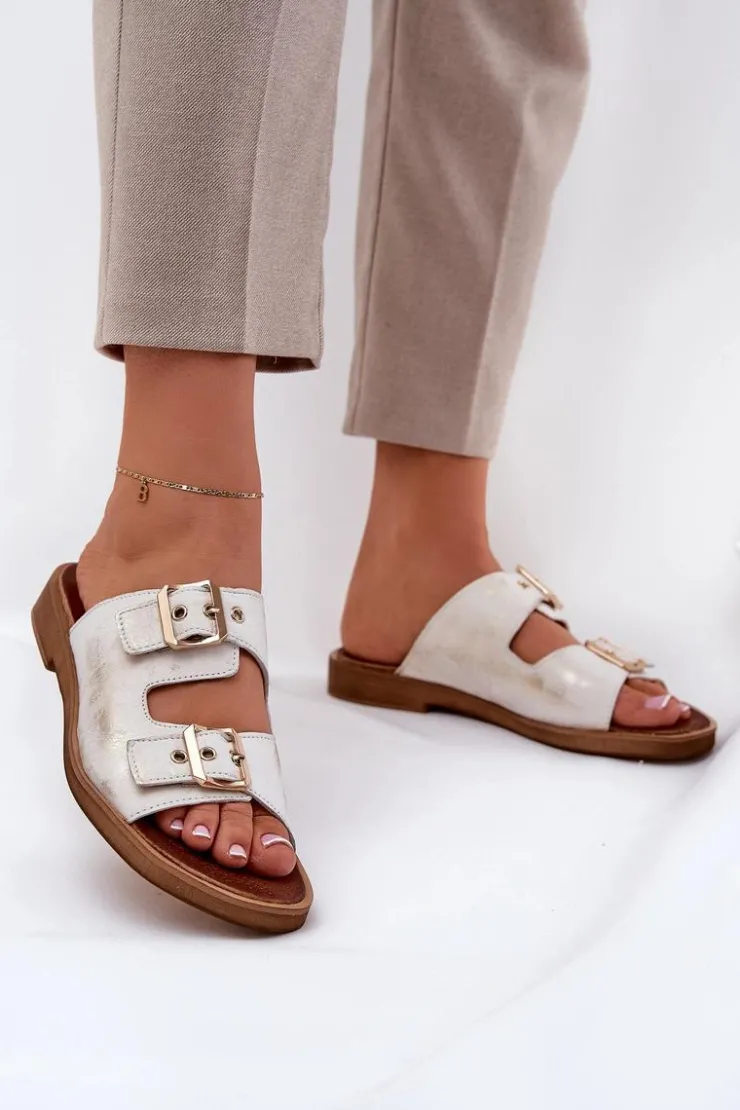 Zazoo Klapki Damskie Klasyczne*Skórzane Płaskie Klapki Z Klamrami 3020 Przecierany Złoty