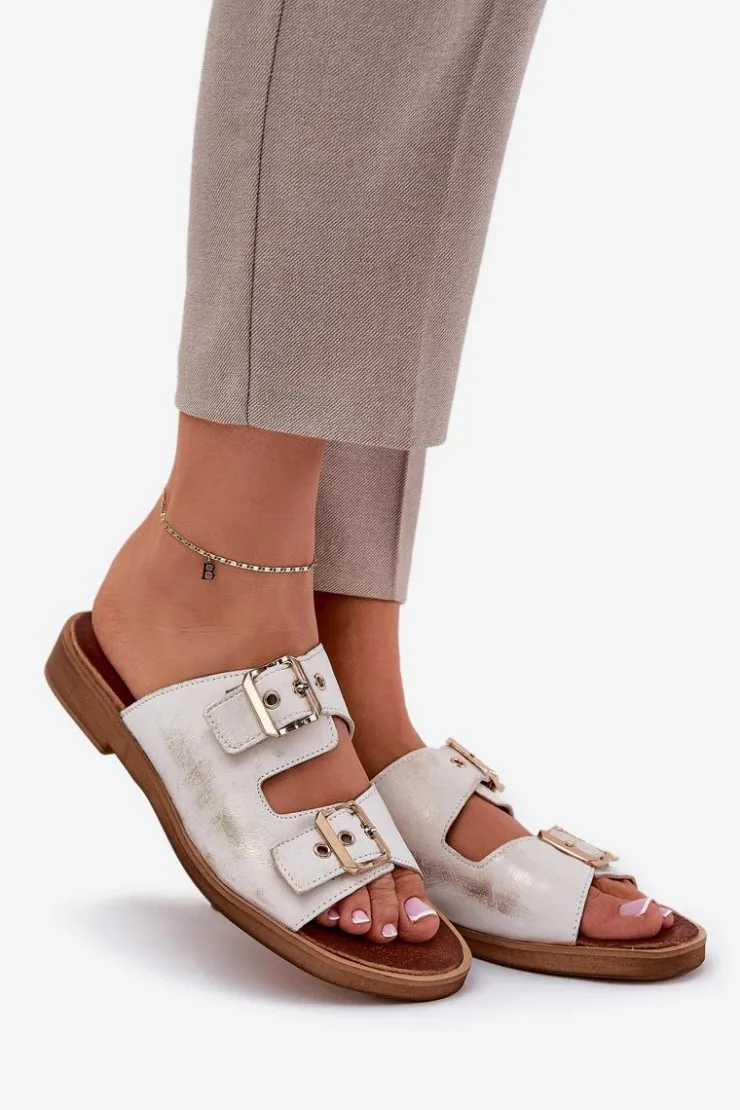 Zazoo Klapki Damskie Klasyczne*Skórzane Płaskie Klapki Z Klamrami 3020 Przecierany Złoty