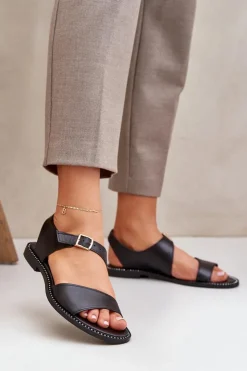 Zazoo Sandały Płaskie*Skórzane Płaskie Sandały Damskie 3014 Czarne Czarny