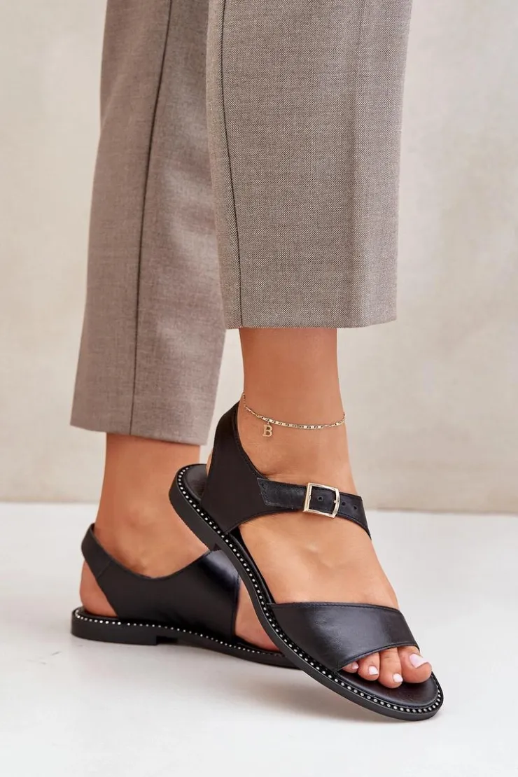 Zazoo Sandały Płaskie*Skórzane Płaskie Sandały Damskie 3014 Czarne Czarny