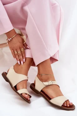 Zazoo Sandały Płaskie*Skórzane Płaskie Sandały Damskie 3014 Beżowe Beżowy