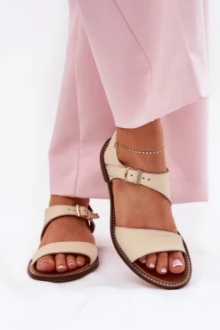 Zazoo Sandały Płaskie*Skórzane Płaskie Sandały Damskie 3014 Beżowe Beżowy