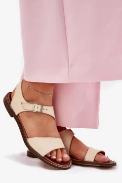 Zazoo Sandały Płaskie*Skórzane Płaskie Sandały Damskie 3014 Beżowe Beżowy