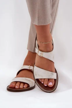 Clearance Zazoo Skórzane Płaskie Sandały Damskie 3014 Przecierany Złoty