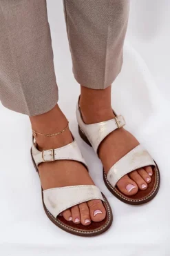 Clearance Zazoo Skórzane Płaskie Sandały Damskie 3014 Przecierany Złoty