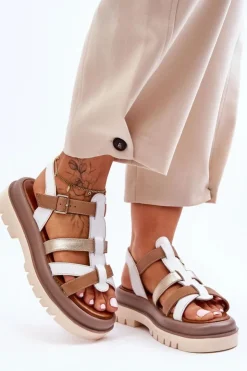 Best Maciejka Skórzane Płaskie Sandały 06101-11 Biało-Brązowe