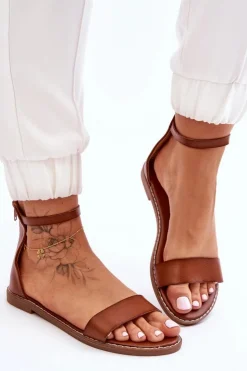 Online Boto Skórzane Płaskie Sandały Na Zamek Brązowe Millou