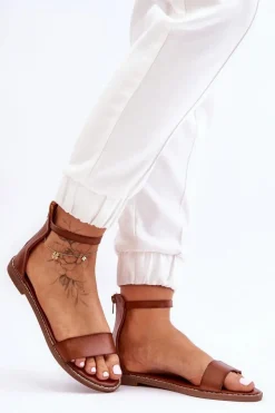 Online Boto Skórzane Płaskie Sandały Na Zamek Brązowe Millou