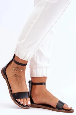 Sale Boto Skórzane Płaskie Sandały Na Zamek Czarne Millou