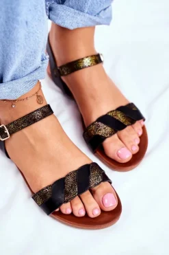 Damskie buty S.Barski Sandały Płaskie*Skórzane Płaskie Sandały S.Barski Czarno-Złote