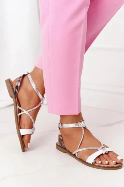 Damskie buty S.Barski Sandały Płaskie*Skórzane Płaskie Sandały S.Barski LJ281 Biało-Srebrne