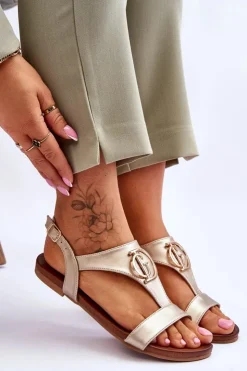 Online Damskie buty S.Barski Skórzane Płaskie Sandały S.Barski KV-5541-32 Złote