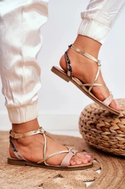 Damskie buty S.Barski Sandały Płaskie*Skórzane Płaskie Sandały S.Barski LJ281 Beżowo-Złote