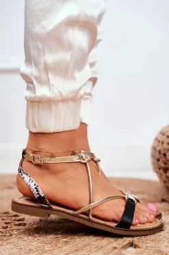 Discount Damskie buty S.Barski Skórzane Płaskie Sandały S.Barski LJ281 Czarno-Złote