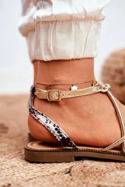 Discount Damskie buty S.Barski Skórzane Płaskie Sandały S.Barski LJ281 Czarno-Złote