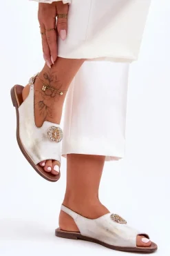 Boto Sandały Płaskie*Skórzane Płaskie Sandały Z Ozdobą Nicole 2744/004 Biało-Złote