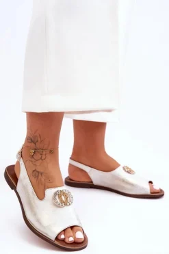 Boto Sandały Płaskie*Skórzane Płaskie Sandały Z Ozdobą Nicole 2744/004 Biało-Złote