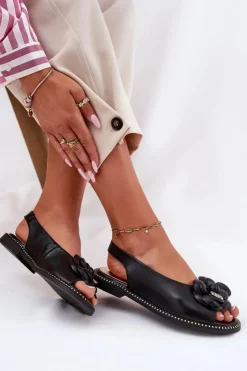 Damskie CheBello Skórzane Płaskie Sandały Z Ozdobą 4642 Czarne