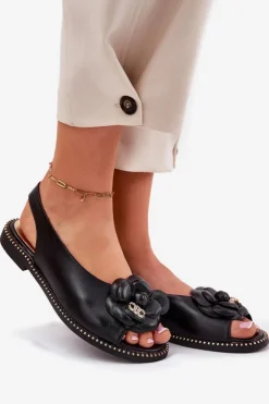 Damskie CheBello Skórzane Płaskie Sandały Z Ozdobą 4642 Czarne
