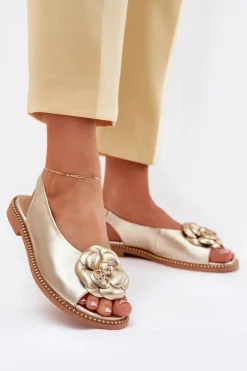 Damskie CheBello Skórzane Płaskie Sandały Z Ozdobą 4642 Złote