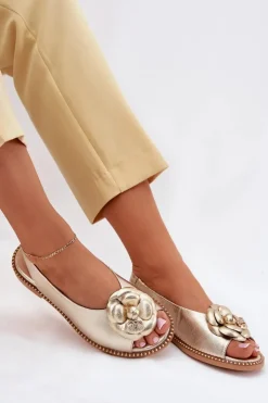 Damskie CheBello Skórzane Płaskie Sandały Z Ozdobą 4642 Złote