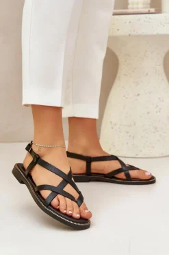 Online Zazoo Skórzane Płaskie Sandały Z Przeplatającymi Się Paseczkami 40429 Czarne Czarny