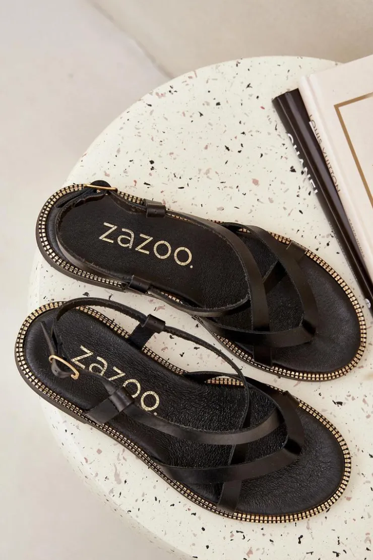 Online Zazoo Skórzane Płaskie Sandały Z Przeplatającymi Się Paseczkami 40429 Czarne Czarny