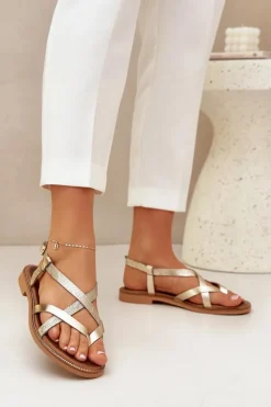 Zazoo Sandały Płaskie*Skórzane Płaskie Sandały Z Przeplatającymi Się Paseczkami 40429 Złote Złoty