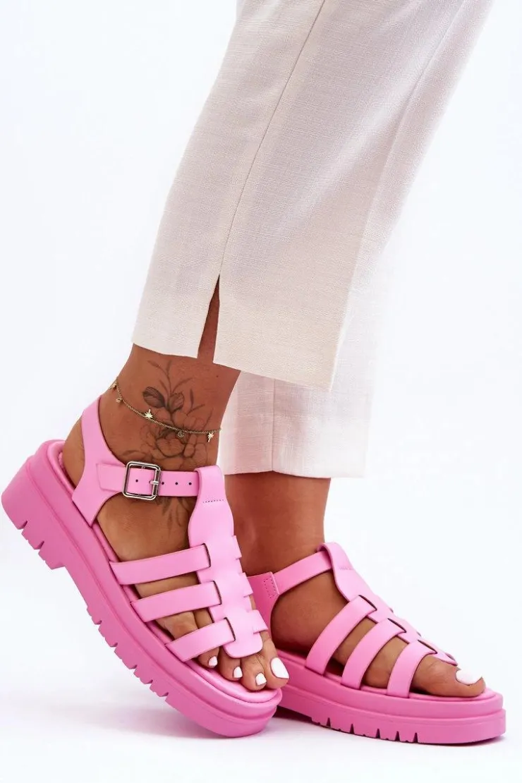 Clearance Boto Skórzane Płaskie Sandały Z Paseczkami Różowe Diosa