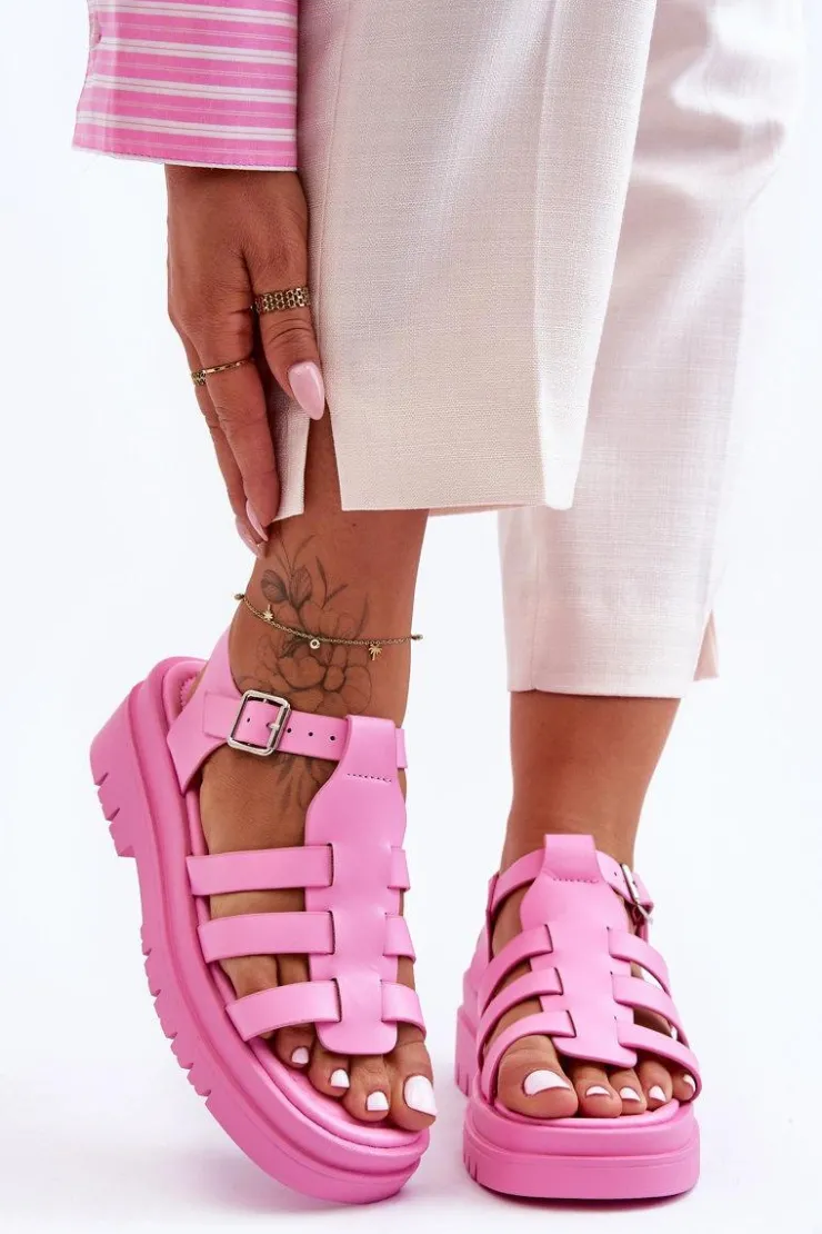 Clearance Boto Skórzane Płaskie Sandały Z Paseczkami Różowe Diosa