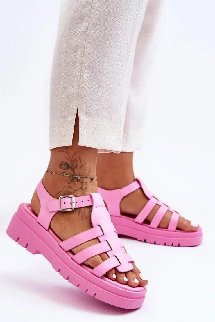Clearance Boto Skórzane Płaskie Sandały Z Paseczkami Różowe Diosa