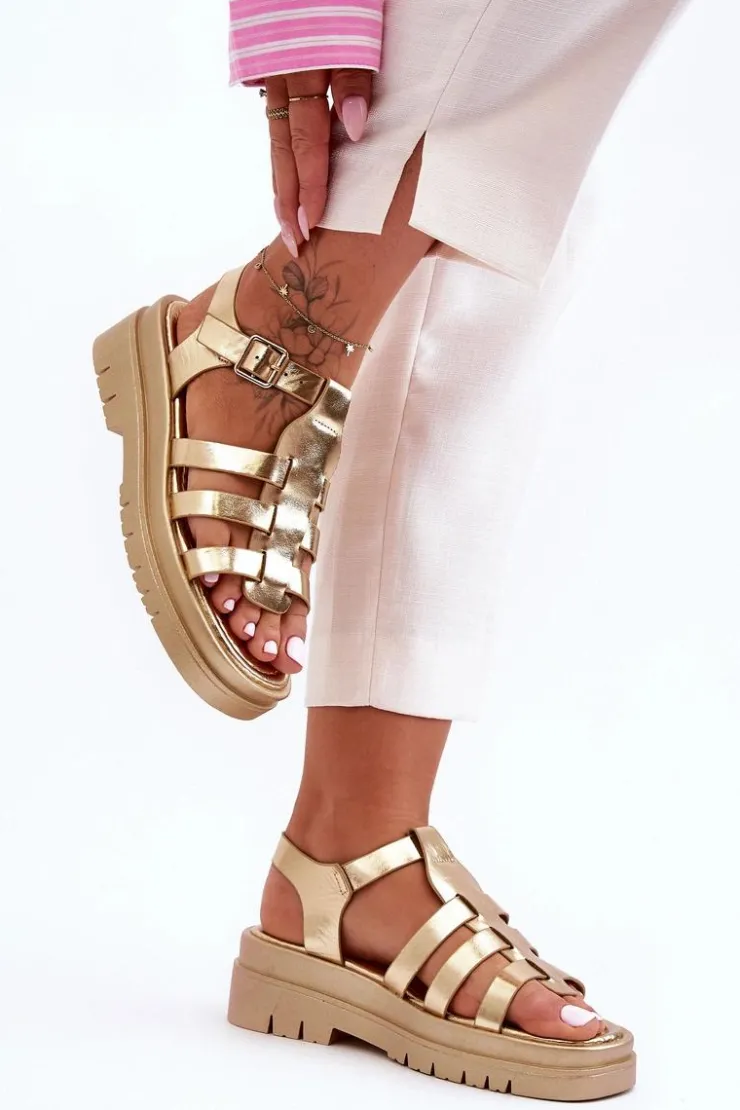 Damskie Boto Skórzane Płaskie Sandały Z Paseczkami Złote Diosa