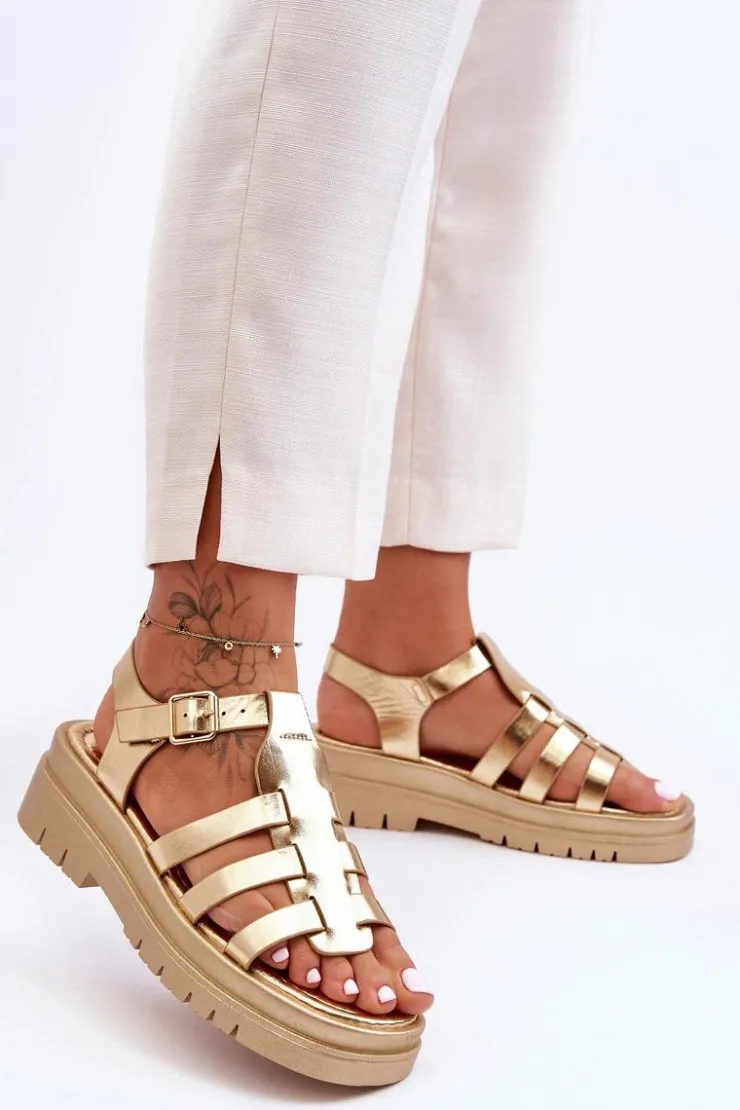 Damskie Boto Skórzane Płaskie Sandały Z Paseczkami Złote Diosa