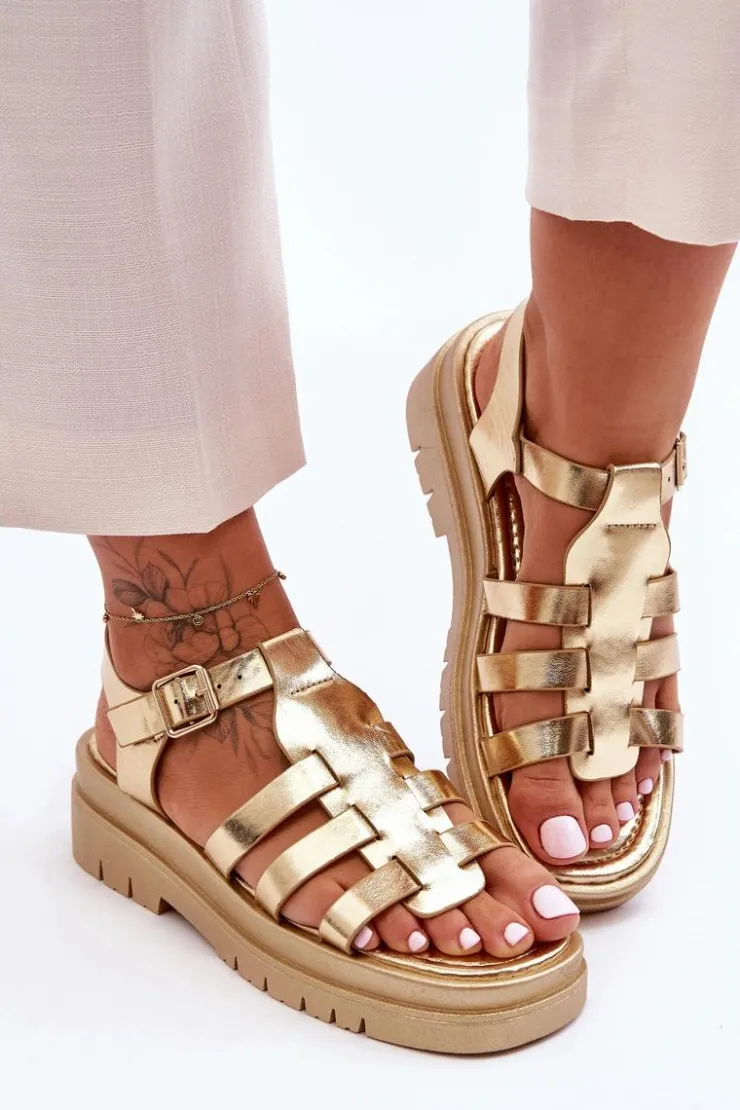 Damskie Boto Skórzane Płaskie Sandały Z Paseczkami Złote Diosa