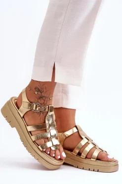 Damskie Boto Skórzane Płaskie Sandały Z Paseczkami Złote Diosa