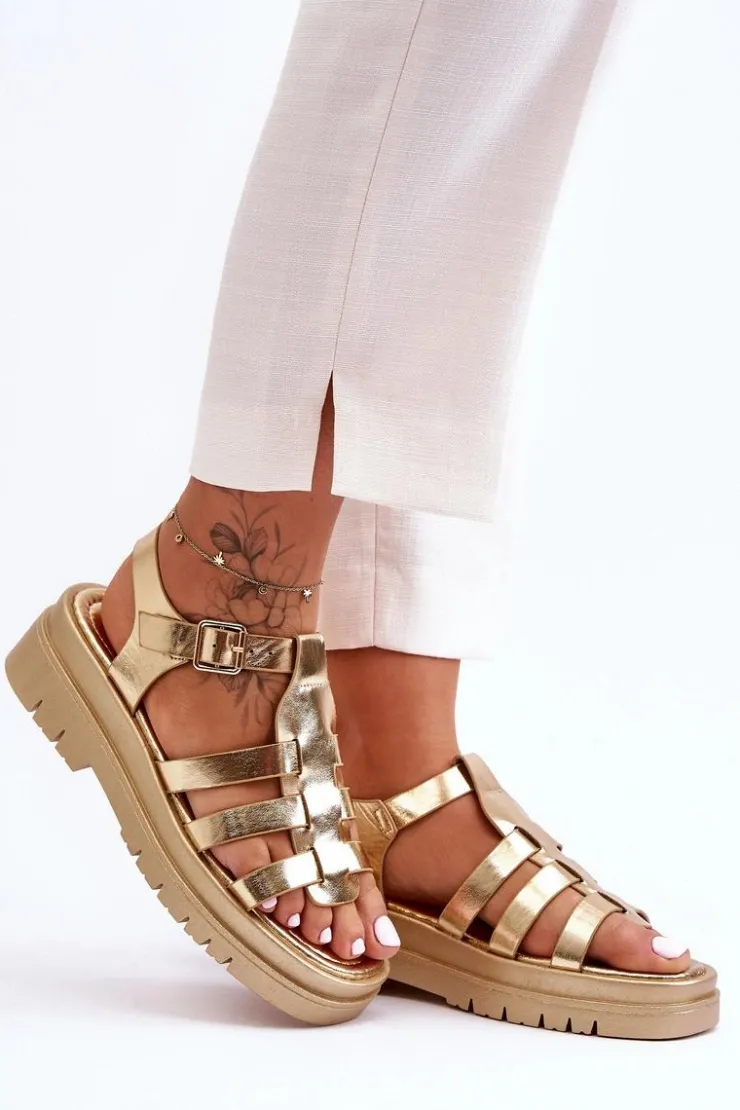 Damskie Boto Skórzane Płaskie Sandały Z Paseczkami Złote Diosa