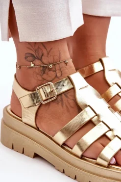 Damskie Boto Skórzane Płaskie Sandały Z Paseczkami Złote Diosa