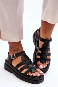 Damskie Boto Skórzane Płaskie Sandały Z Paseczkami Czarne Diosa