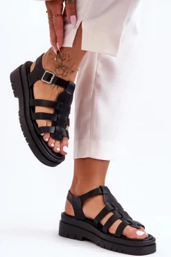 Damskie Boto Skórzane Płaskie Sandały Z Paseczkami Czarne Diosa