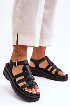 Damskie Boto Skórzane Płaskie Sandały Z Paseczkami Czarne Diosa