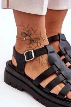 Damskie Boto Skórzane Płaskie Sandały Z Paseczkami Czarne Diosa