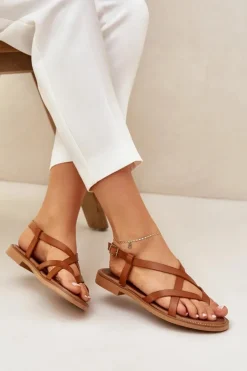 Damskie Zazoo Skórzane Płaskie Sandały Z Przeplatającymi Się Paseczkami 40429 Brązowe