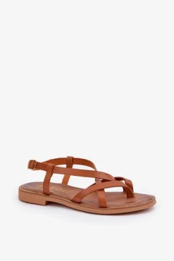 Damskie Zazoo Skórzane Płaskie Sandały Z Przeplatającymi Się Paseczkami 40429 Brązowe