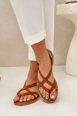 Damskie Zazoo Skórzane Płaskie Sandały Z Przeplatającymi Się Paseczkami 40429 Brązowe