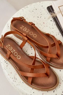 Damskie Zazoo Skórzane Płaskie Sandały Z Przeplatającymi Się Paseczkami 40429 Brązowe