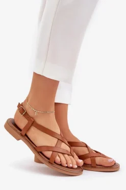 Damskie Zazoo Skórzane Płaskie Sandały Z Przeplatającymi Się Paseczkami 40429 Brązowe